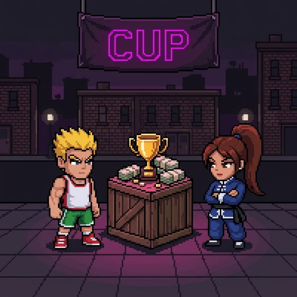 Two fighters beside a gold cup and cash stacks