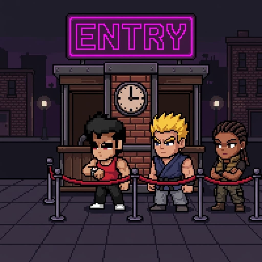 Fighters queued at a night street entry booth