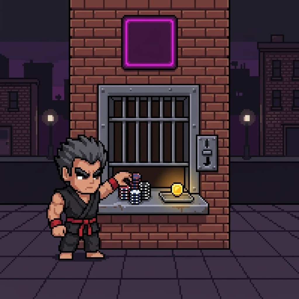 Fighter paying chips at a night street mint window